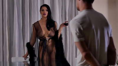 Slut Kira Queen invited her roommate over for tea and fucked him on the dinner table